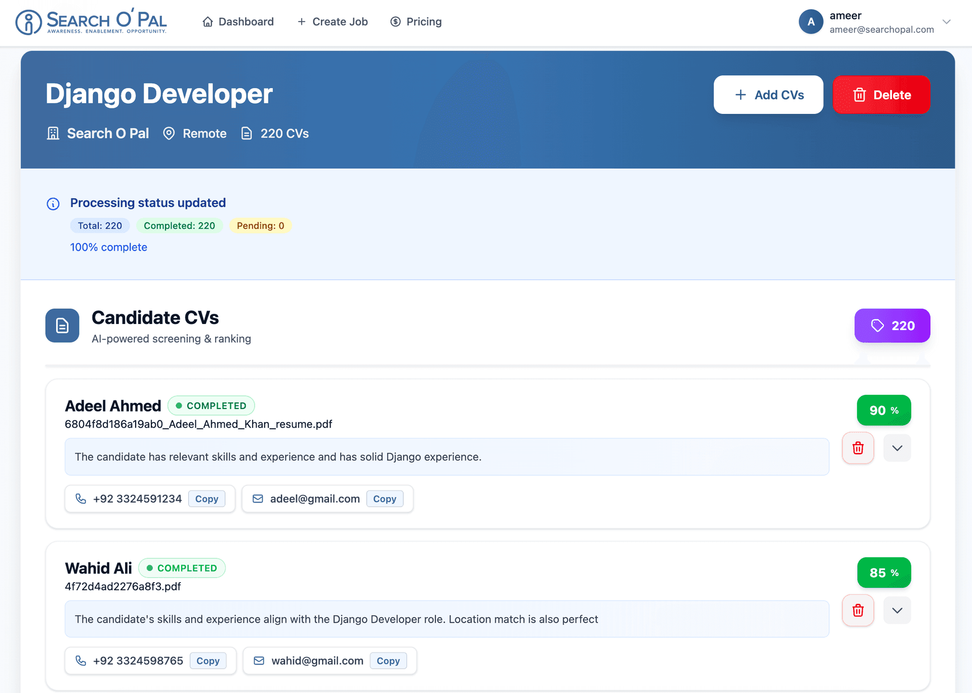 CV Shortlister dashboard showing AI-screened candidates with match scores